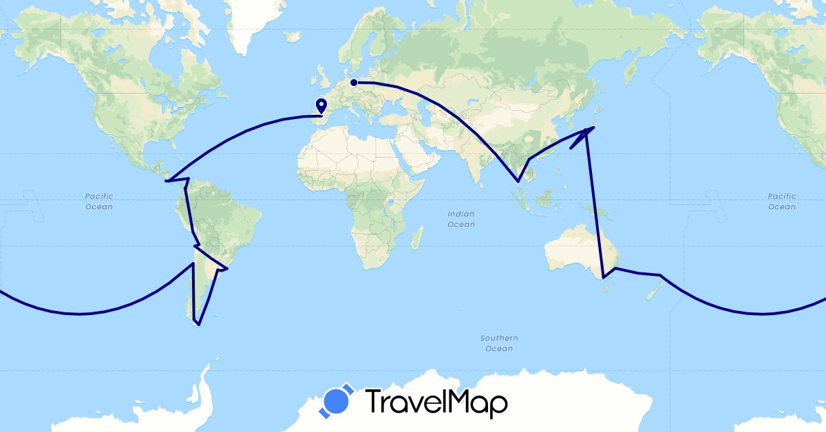 TravelMap itinerary: driving in Argentina, Australia, Chile, Germany, Japan, New Zealand, Thailand, Uruguay, Vietnam (Asia, Europe, Oceania, South America)